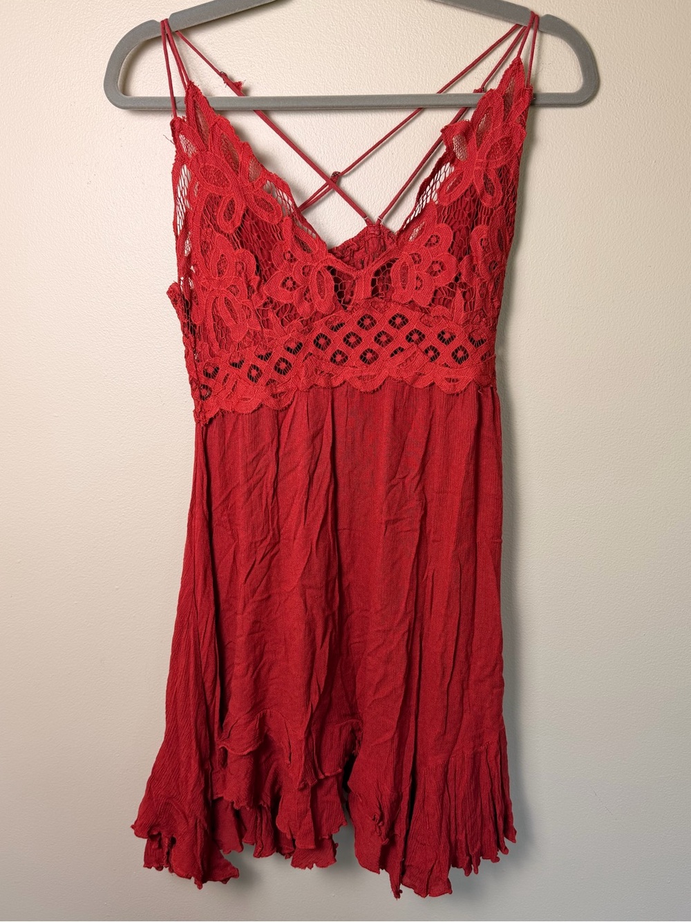 Free People Adella Slip Dress Dark Cherry Red Sz M Lace Boho Babydoll Mini Dress - Picture 4 of 9
